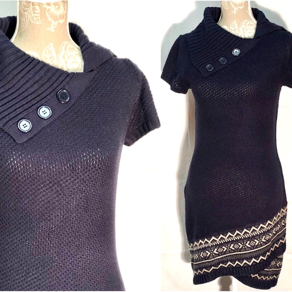 Vintage Y2K Massini* Navy Blue/Beige Short Sleeve Asymmetrical Sweater Dress~S